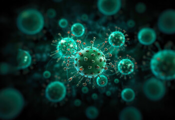 Stylized illustration of green viruses on a black background. Generative AI