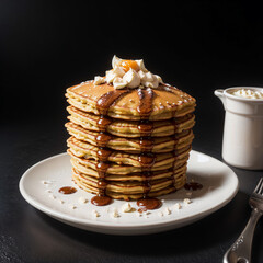 Pancake with butter and wipe cream on dish with black background
