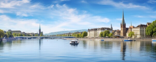 Zürich Skyline Stadtansicht mit Blick über den Fluss Limmat, Generative AI - obrazy, fototapety, plakaty