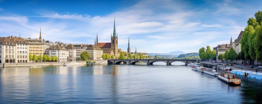 Zürich Skyline Stadtansicht mit Blick über den Fluss Limmat, Generative AI