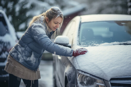 Young woman cleaning snow off her car after snowstorm, aesthetic look