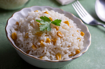 Corn rice in a rice bowl (Turkish name; misirli pilav)