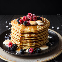 Pancake with berry on dish with black background
