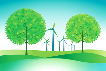 Grüne Energie. Bäume im optischen Einklang mit Windrädern als stilisierte Grafiken.