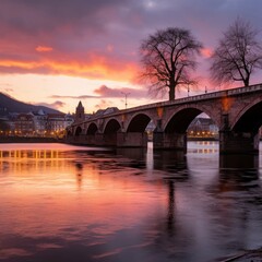 Fototapeta premium Sunset at the Old Bridge in winter, Heidelberg, Germany, Generative AI