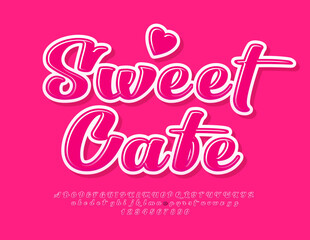 Vector beautiful logo Sweet Cafe. Glossy Pink Font. Candy Alphabet Letters and Numbers set