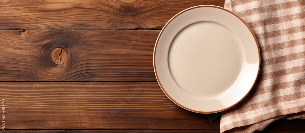 Poster brown wooden background with an empty plate and a linen napkin on top. empty space available
