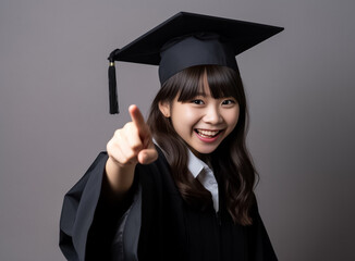Young happy teenager girl university graduate in graduation gown on dark background. Cheerful girl in graduation costume showing smiling at camera. Generative AI.