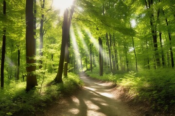 Fototapeta premium Grüner Wald im Sommer mit Sonnenstrahlen, Generative AI