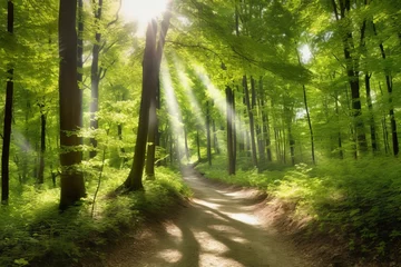 Foto op Aluminium Grüner Wald im Sommer mit Sonnenstrahlen, Generative AI © Digi ART