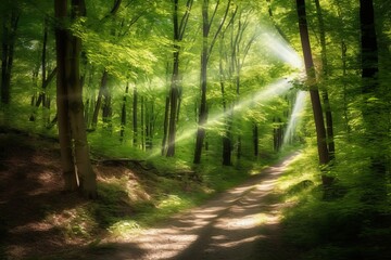 Grüner Wald im Sommer mit Sonnenstrahlen, Generative AI