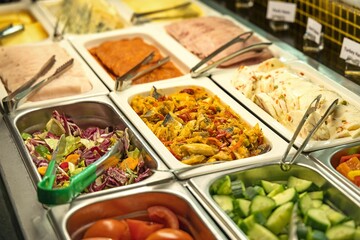 Array of freshly-prepared food displayed on a countertop in a restaurant setting