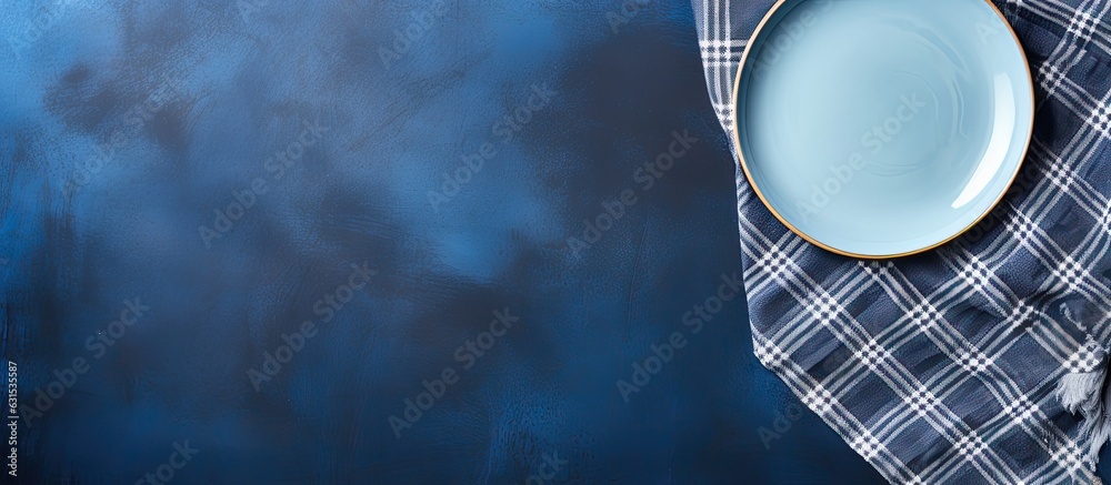 Poster The table setting background is a light plate placed on a blue stone table with a blue checked