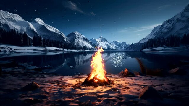 A bonfire near frozen lake, starfall, beautiful background in winter season video footage 4k