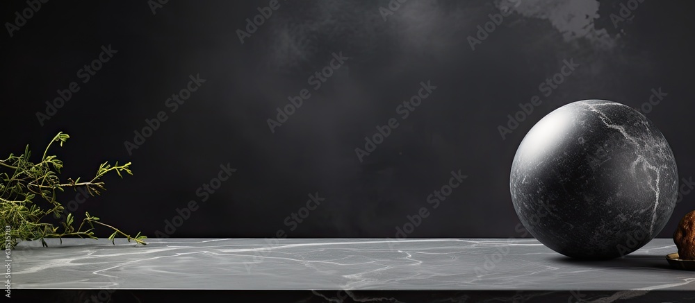 Poster a rustic and dark black cement stone background with an empty grey marble tabletop is ideal