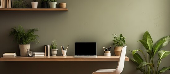 A simple home office decorated with plants provides a high-angle background, with copy space