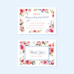 Wedding rsvp and thank you floral cards, design with vintage watercolor flowers.