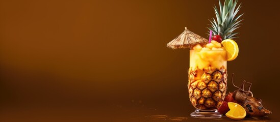 A tropical Pina Colada drink, with or without alcohol, served in a Tiki glass decorated with