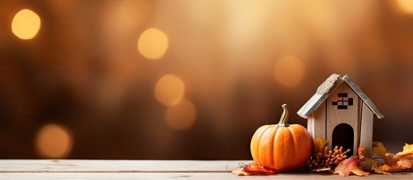 Hello Autumn! This image presents an autumnal background with a toy house and pumpkin on a wooden