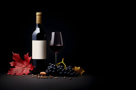 bouteille de vin, verre de vin, raisin noir et feuilles de vignes sur fond noir