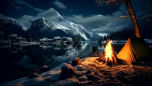Camping at night in the frozen mountain near lake with bonfire, starfalls, beautiful background in winter season video footage 4k