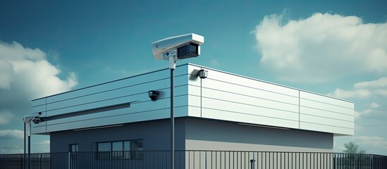 A contemporary building with advanced security features, showcasing a security camera. The concept