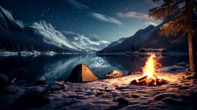 Camping at night in the frozen mountain near lake with bonfire, starfalls, beautiful background in winter season video footage 4k
