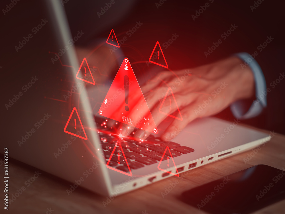 Wall mural system hacked warning alert on notebook (laptop). cyber attack on computer network, virus, spyware, 
