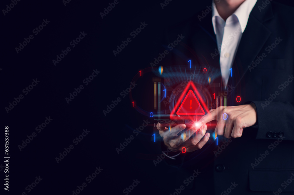 Wall mural system hacked warning alert on smartphone. cyber attack on computer network, virus, spyware, malware