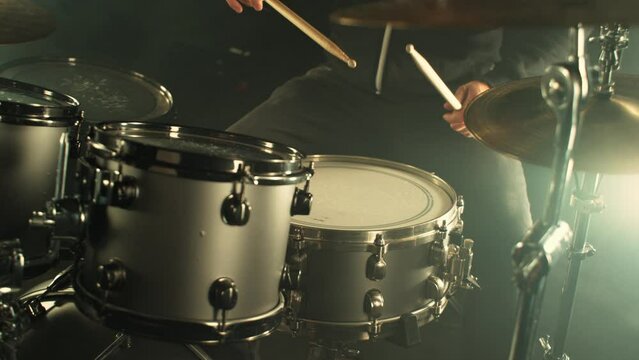 Super Slow Motion of  Drummer Banging on Drums. Filmed on High Speed Cinema Camera, 1000 fps. Speed Ramp Effect.
