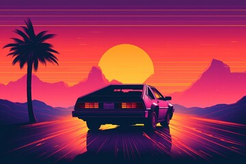 Fototapeta na wymiar 80s style illustration with car driving into sunset. Generative AI