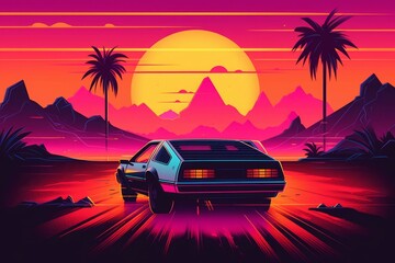 80s style illustration with car driving into sunset. Generative AI