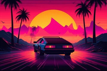 80s style illustration with car driving into sunset. Generative AI