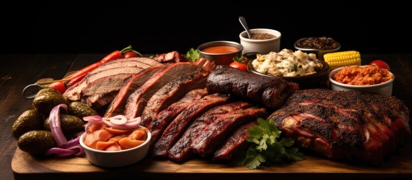Texas BBQ platter placed on a wooden table with copy space available.
