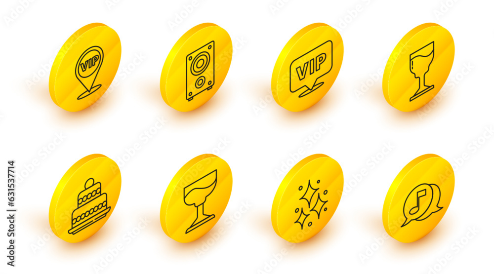 Sticker Set line Musical note in speech bubble, Firework, Cocktail, Cake, Wine glass, Location Vip, Stereo speaker and icon. Vector