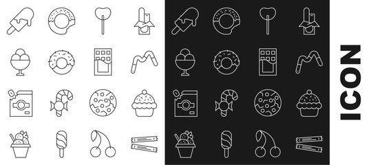 Set line Sugar stick packets, Cupcake, Jelly worms candy, Lollipop, Donut, Ice cream in bowl, and Chocolate bar icon. Vector