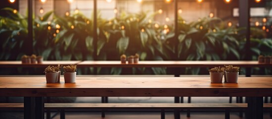 Background Image Of Empty Food Court Interior With Wooden Tables And Warm Cozy Light Setting,