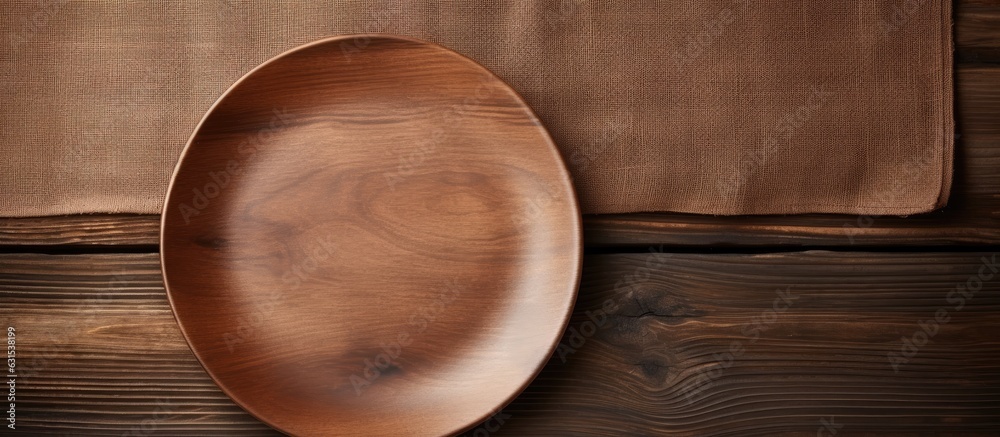 Aufkleber brown wooden background with an empty plate and a linen napkin on top. empty space available