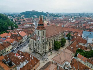 Aerial view of the stunning Black Church in Brasov, Romania