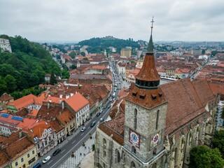 Fototapeta premium Aerial view of a vibrant downtown district in Brasov, Romania