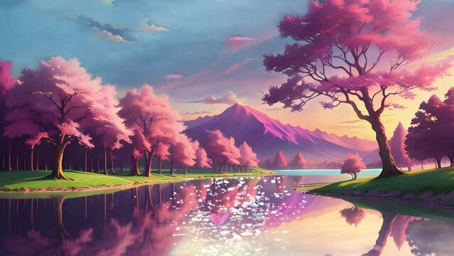 Beautiful scenery of mountain, lake, sakura tree in afternoon. Seamless loop video