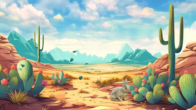 desert landscape with cactus cartoon animation video 4k