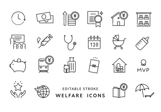 福利厚生にまつわるアイコンセット（モノクロ）