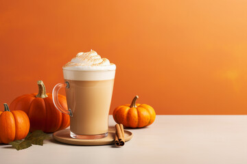 Seasonal pumpkin spice latte on orange background.