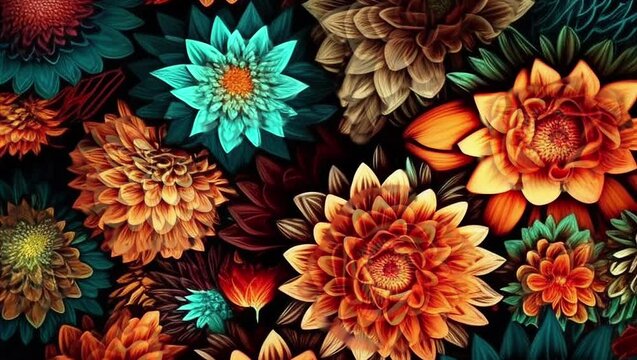 3d rendered animation of blue and orange bright digital flowers