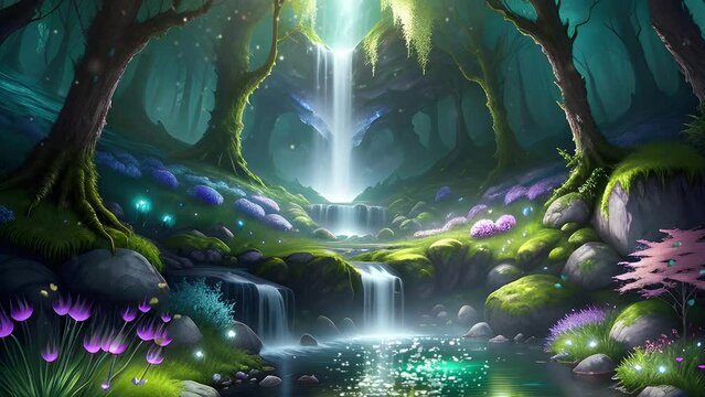 Beautiful and magical scenery of waterfall inside forest with lotus flower and tree. Seamless loop video