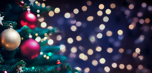 Fototapeta na wymiar Christmas tree with baubles and bokeh blurred lights on background. Copy space. Greetings card.