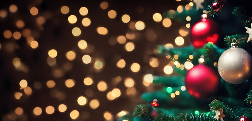 Christmas tree with baubles and bokeh blurred lights on background. Copy space. Greetings card.