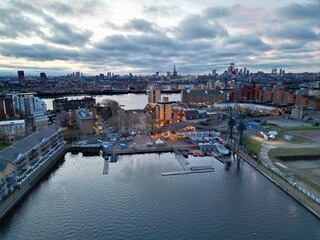 Millwall dock Evening view Canary Wharf financial district London UK  aerial