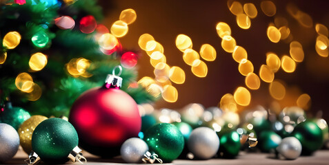 Christmas tree with baubles and bokeh blurred lights on background. Copy space. Greetings card.